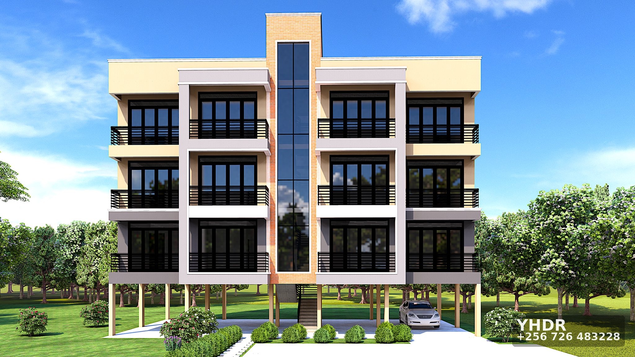 A 3D render of an apartment building created by YHDR Builders Uganda Ltd.