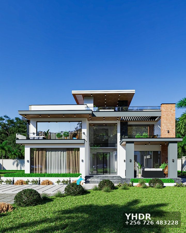 Modern Two Story House Render With Brick Chimney Accent YHDR Builders Uganda Ltd - YHDR Builders Co. Limited