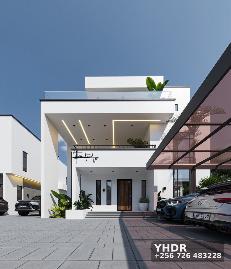 A 3D render of a mordern villa with a driveway and luxury cars built by YHDR Builders Ug Ltd