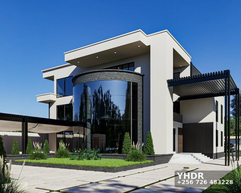 A 3D render of a curved glass facade and pergola made by YHDR builders. YHDR builders Uganda ltd does Architectural design & 3D Visualization